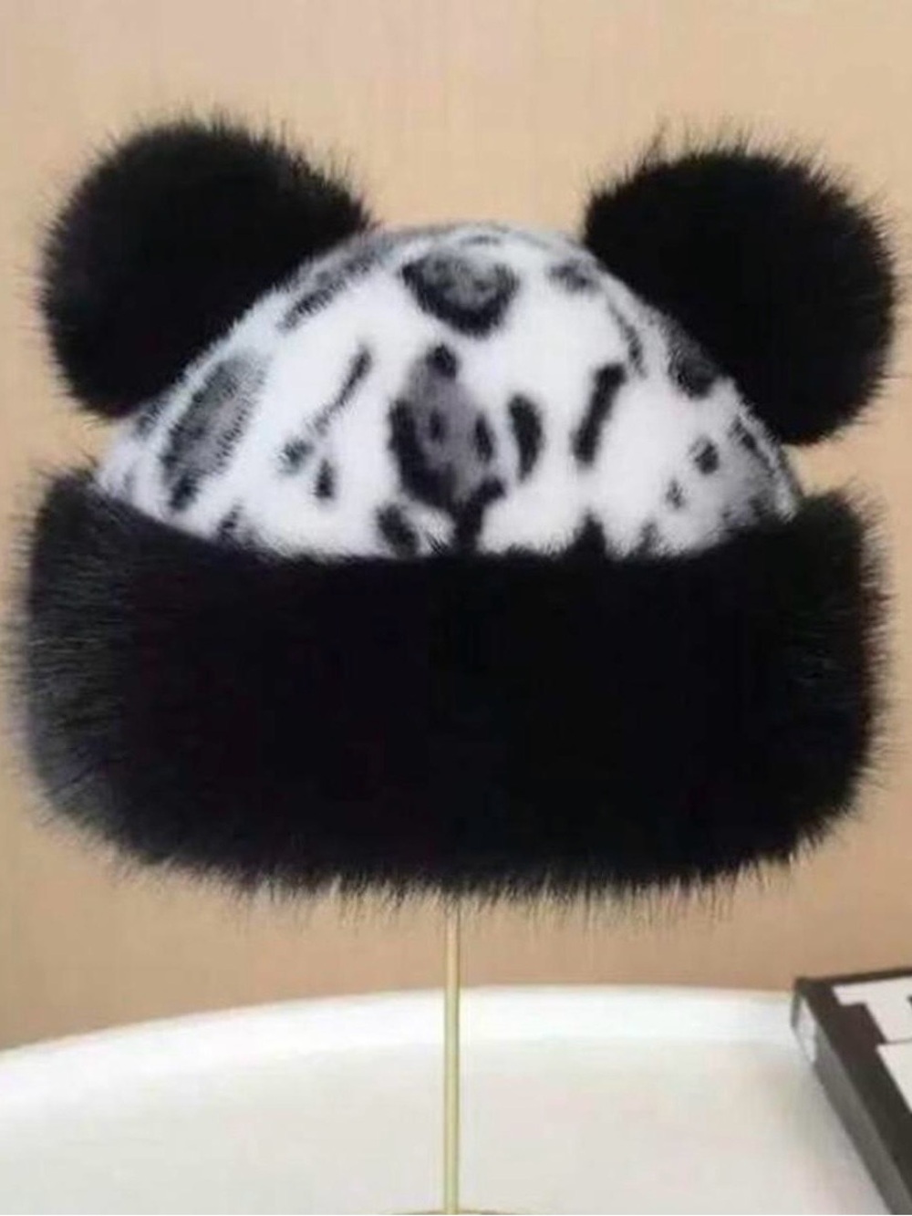 Faux Fur Panda Beanie Hat - Black and White